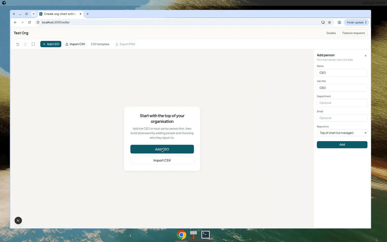 Add person panel in Simple Org Chart with fields for name, job title, and who they report to