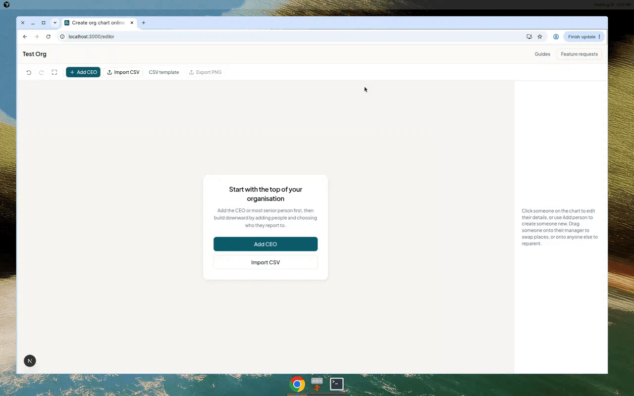 Simple Org Chart empty editor prompting you to add the CEO or most senior person first