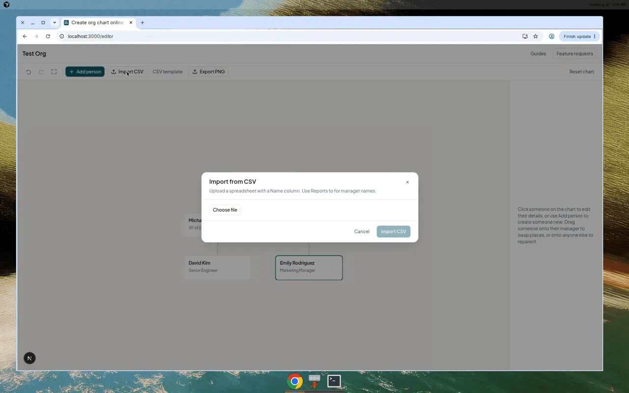 CSV import dialog in Simple Org Chart with a choose file button