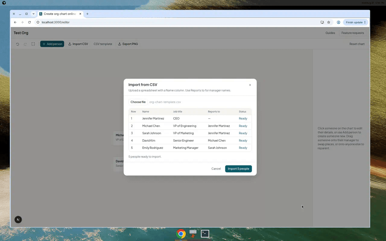 CSV import preview table listing names, job titles, reporting lines, and row status