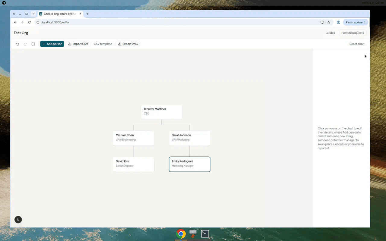 Simple Org Chart editor showing a small completed organizational chart