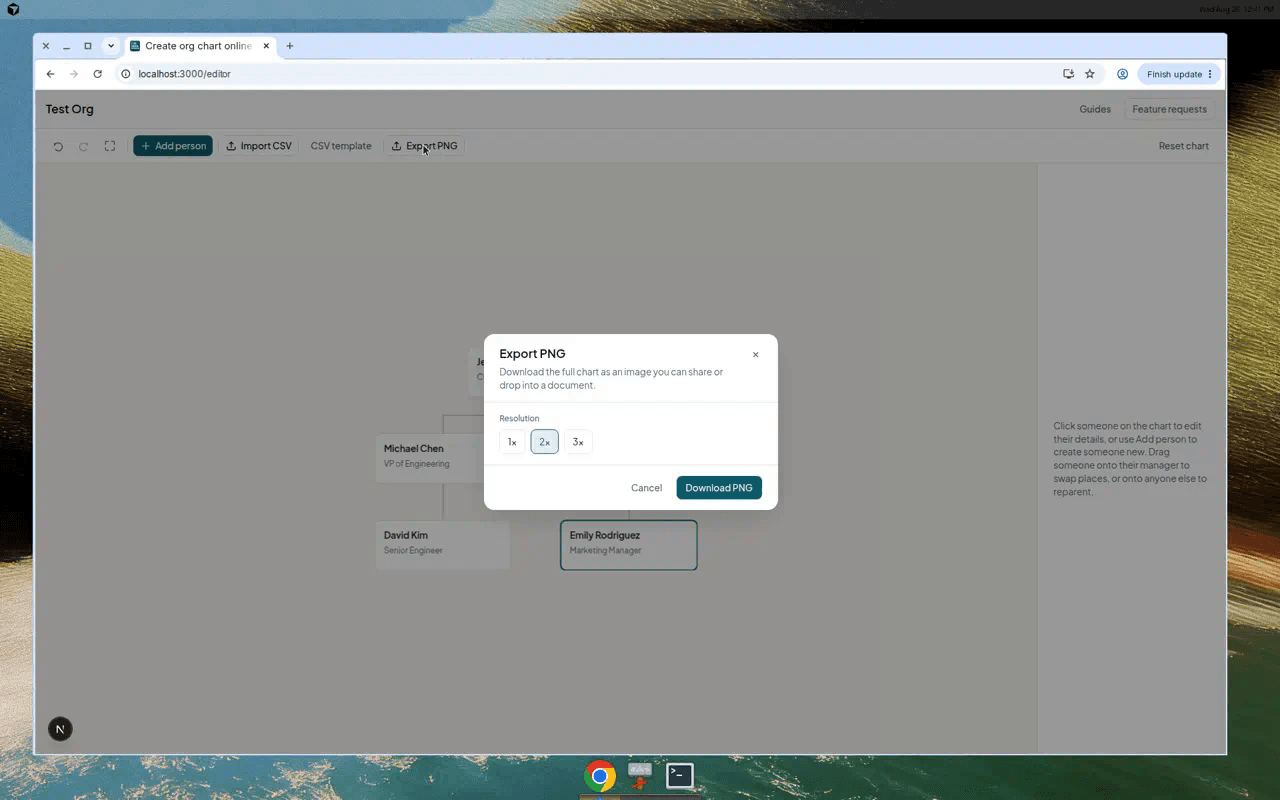 Export PNG dialog showing 1x, 2x, and 3x resolution options